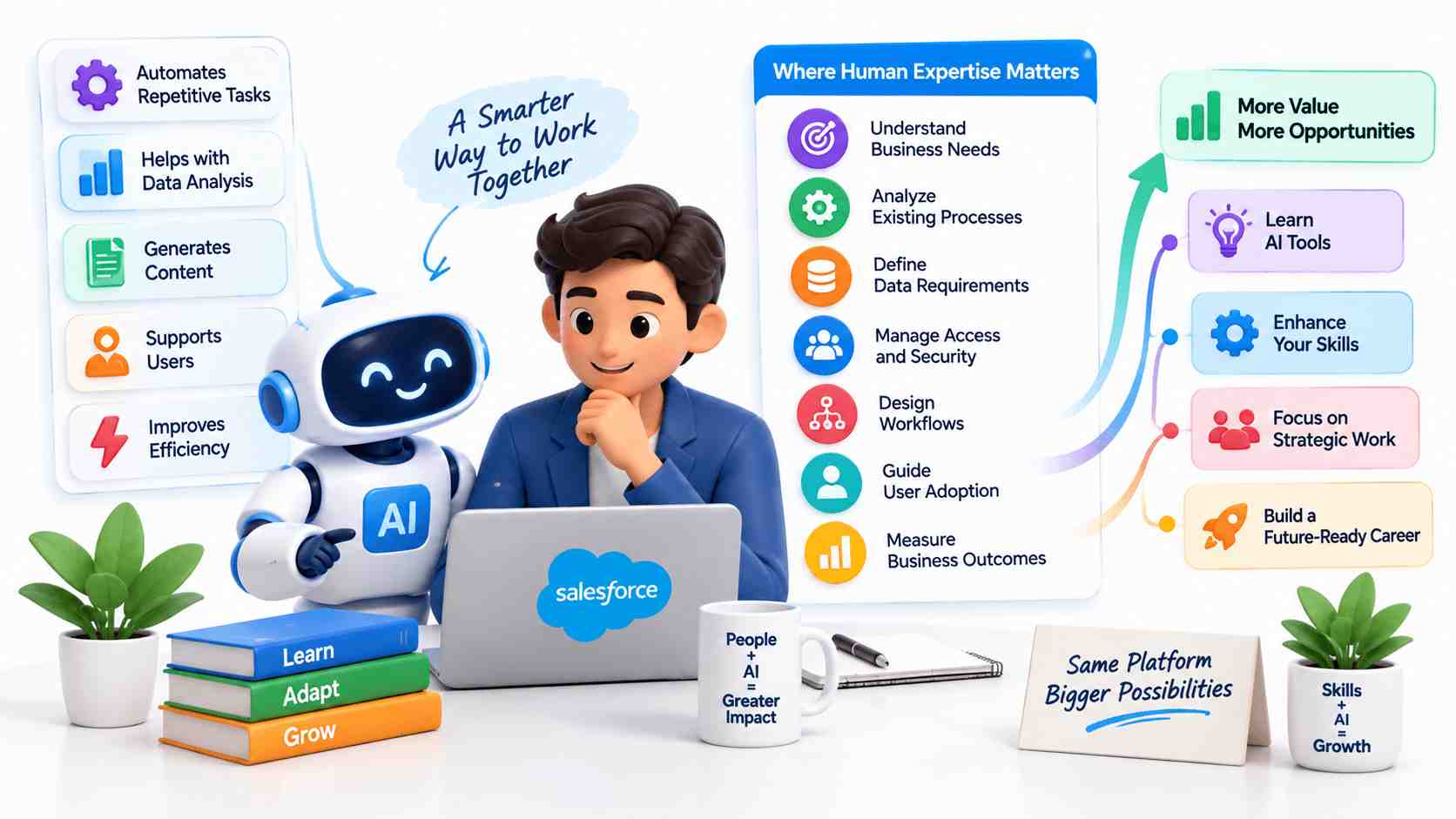 Salesforce professionals working with AI to automate tasks, analyze data, improve workflows, and build future-ready skills.